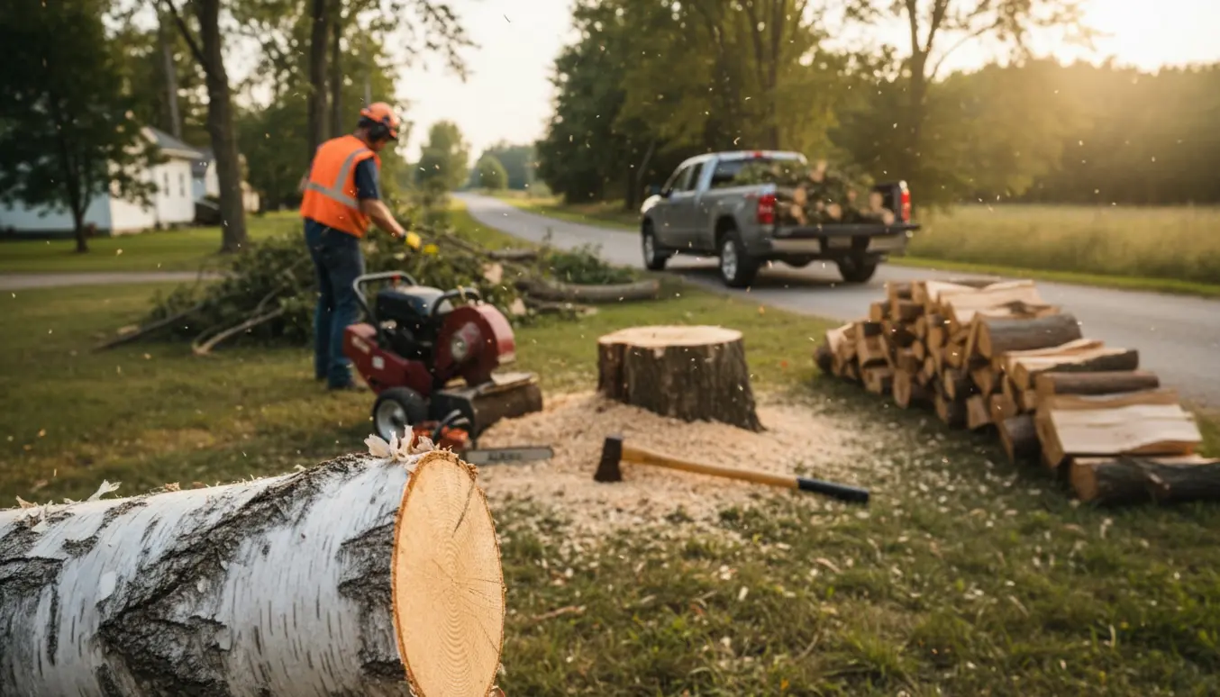 Fældning og stubfræsning af birk og gran med stak af kløvet brænde ved vejen.