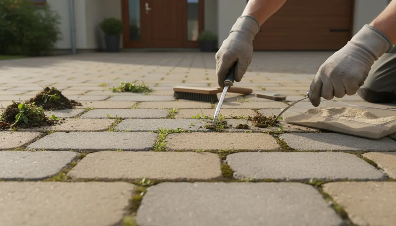 Nærbillede af hænder, der fjerner ukrudt mellem herregårdsfliser i en indkørsel.