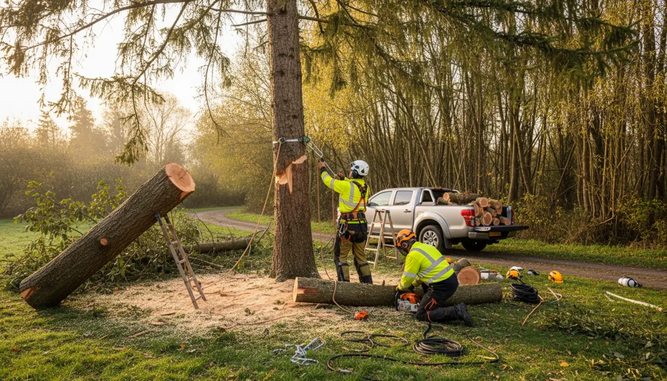 Arborister sikrer og fælder et væltet træ, et delt lærketræ og en række svære tilgængelige piletræer i en have.