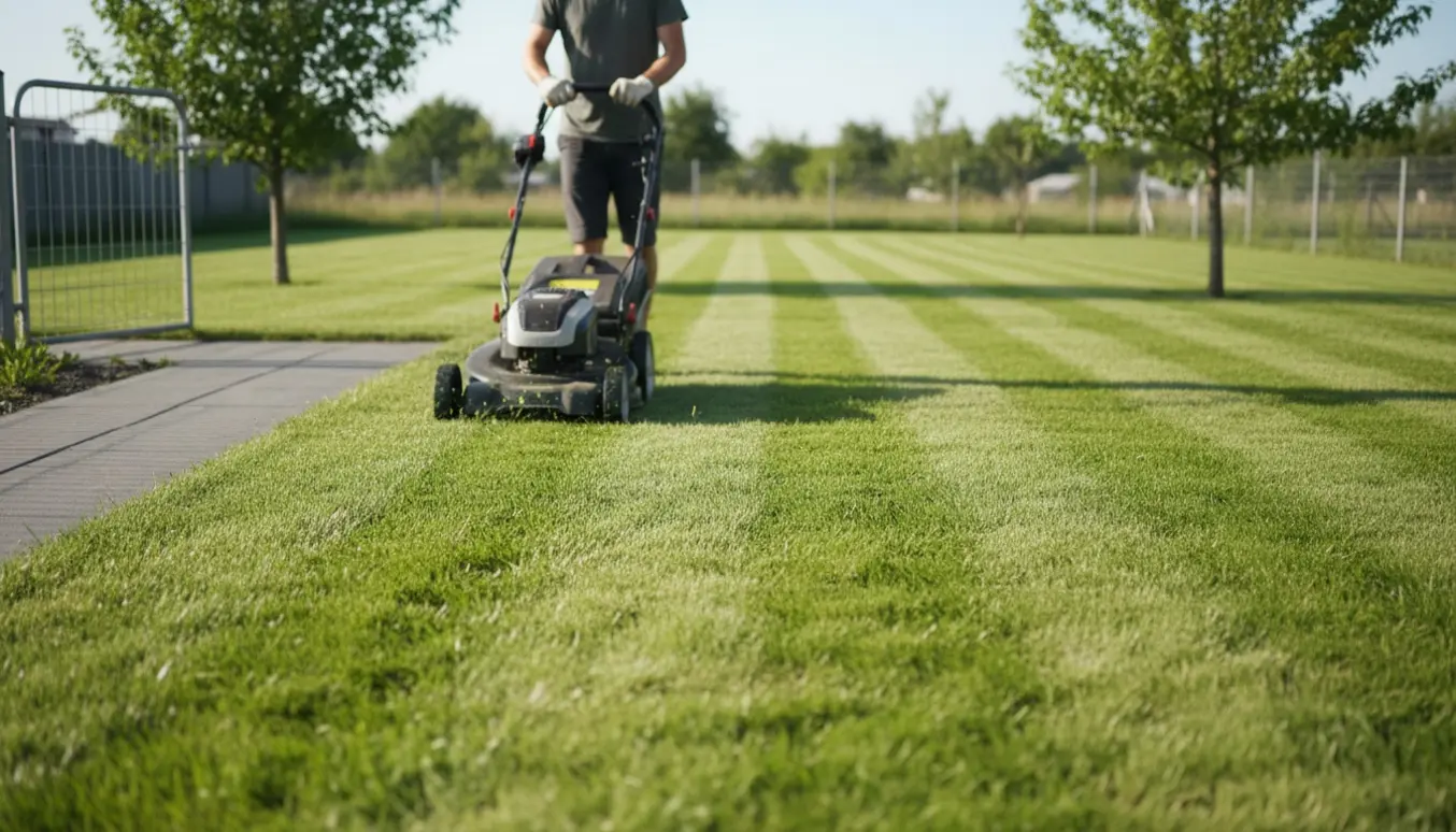 Person slår græs på en flad, åben plæne med en plæneklipper og få træer i baggrunden.