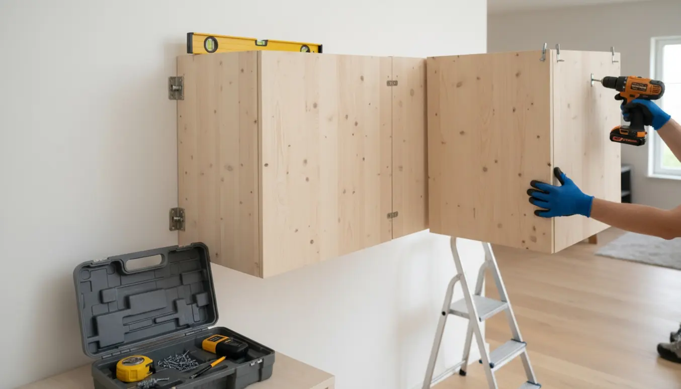 To lyse fyrretræsskabe monteres på væg, hænder holder skab og en boremaskine fastgør beslag.