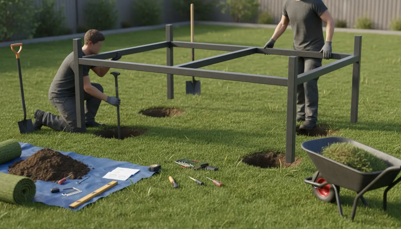 Delvist monteret legestativ sænkes ned i en have med skovle, unbrakonøgler og rullegræs ved siden af.