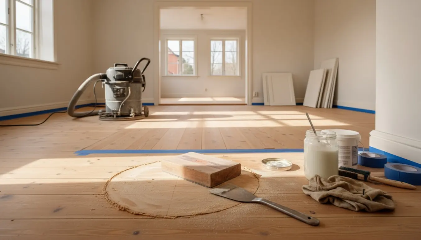 Soloplyst rum med fyrretræsgulv, hvor et område er repareret og slebet, med værktøj og hvid lud klar.