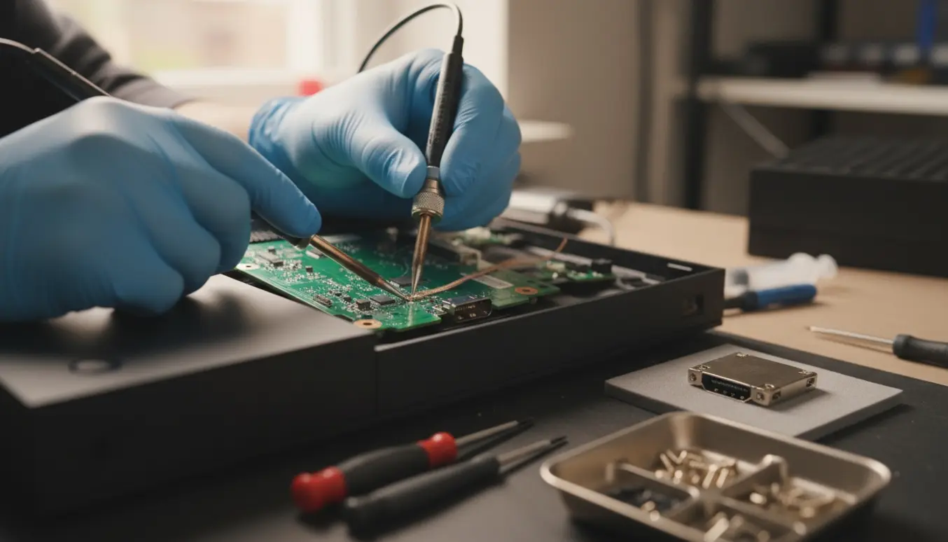 Nærbillede af en åben Xbox Series X, hvor en hånd lodder en ny HDMI-port på bundkortet.