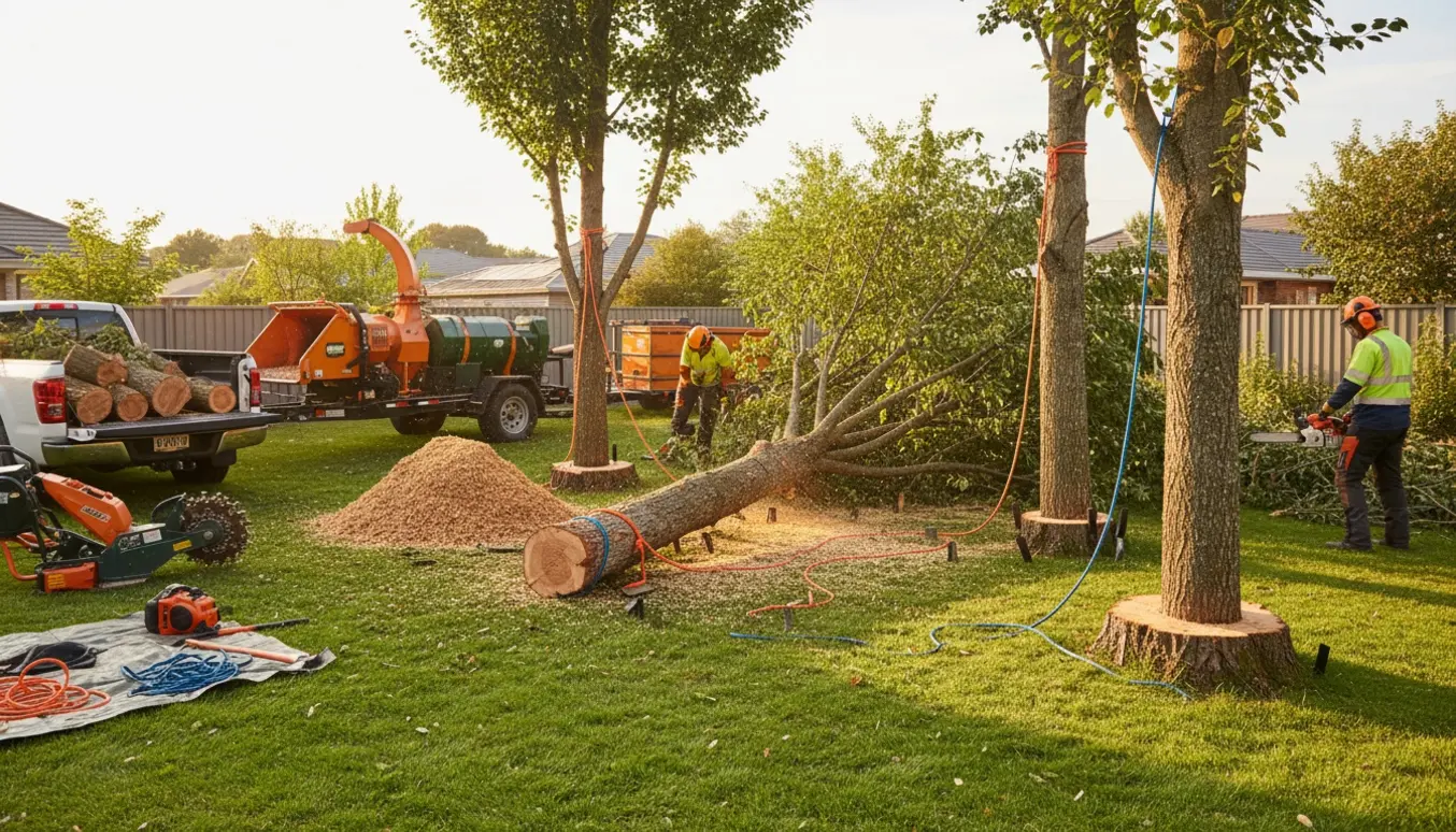 Arbejder fjerner et væltet træ i en have, to andre træer er markeret til fældning, med stakke af stammer og træflis i baggrunden.