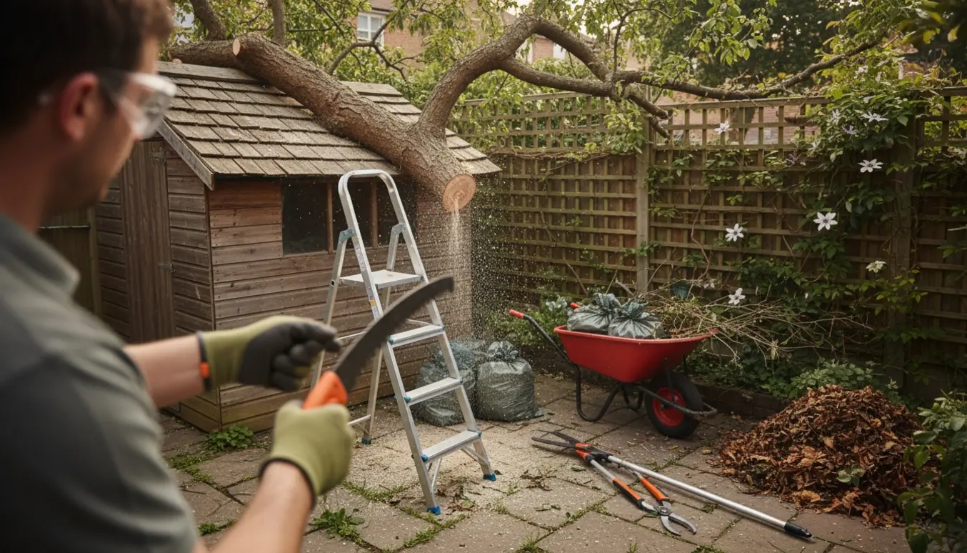 Tung gren ligger over et cykelskur mens redskaber og en trillebør med haveaffald står klar.