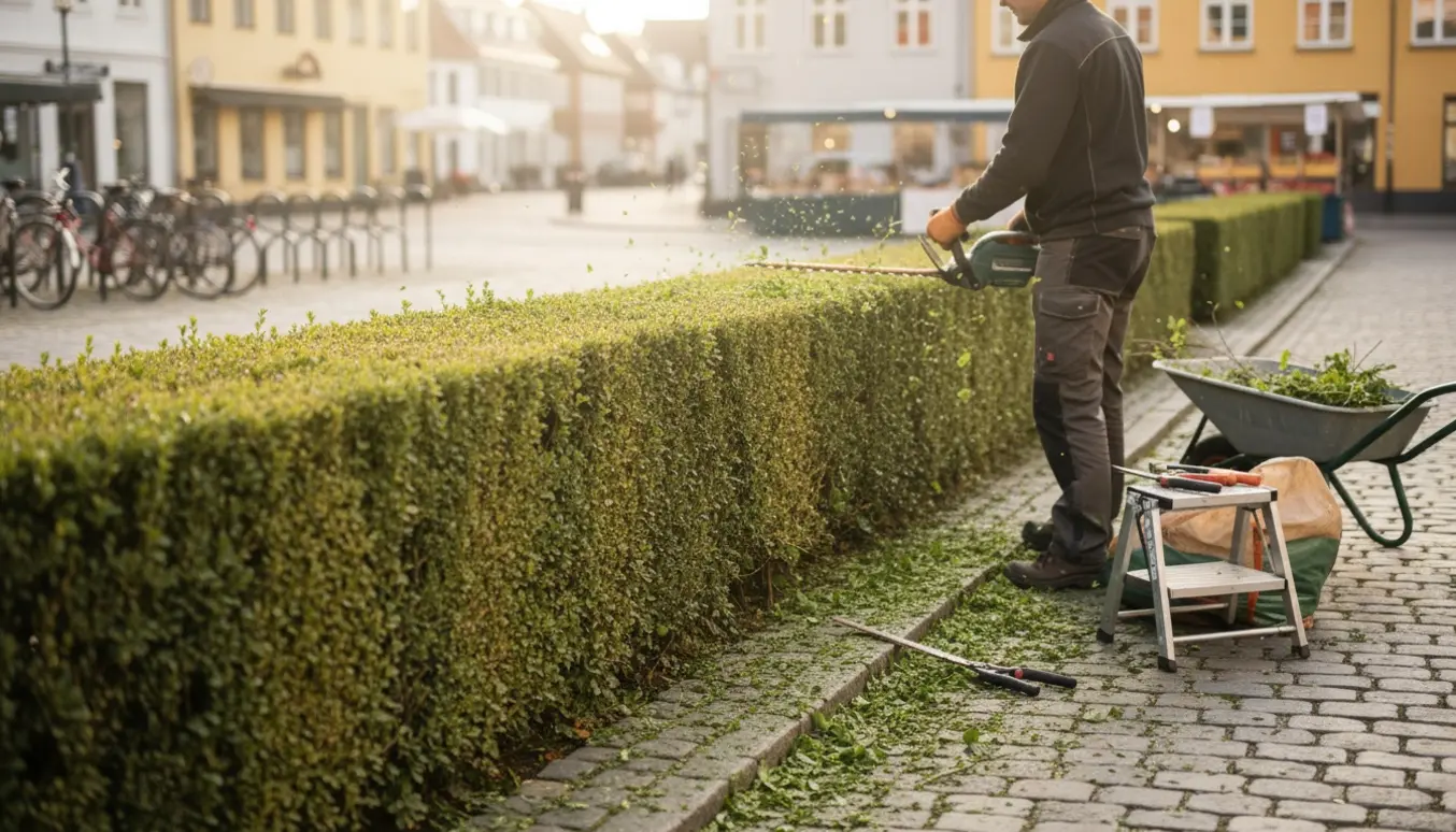 En person klipper en 3–4 m lang, ca. 2 m høj hæk ved et lille torv i Brønshøj, med værktøj og friske grønne afklip i forgrunden.
