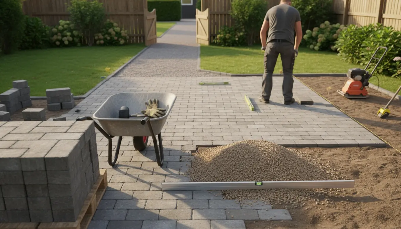 Halvfærdig herregårdsstensbelægning i haven med bunker af sten, afretningsgrus og værktøj i varmt eftermiddagsslys.