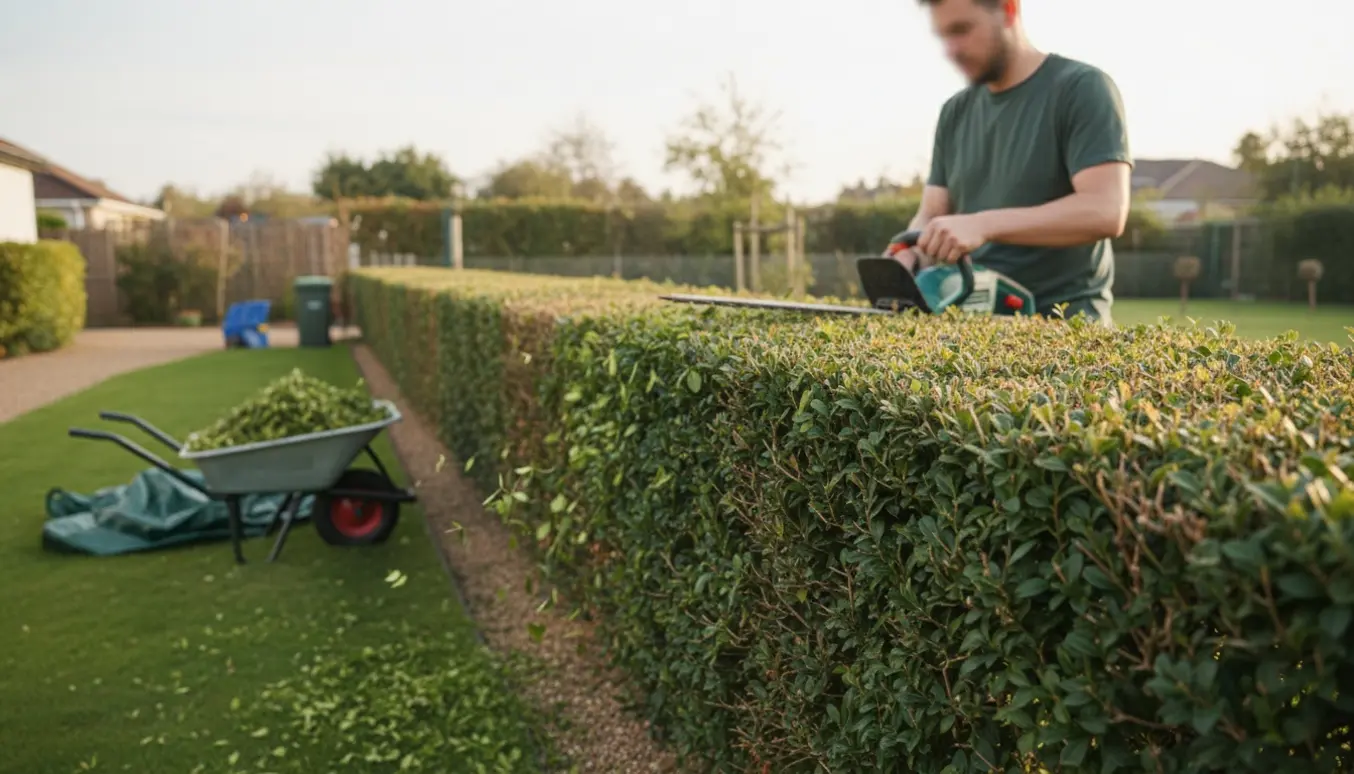 En person trimmer en lang ligusterhæk med en elektrisk hækklipper, og afklip ligger i en trillebør ved siden af.