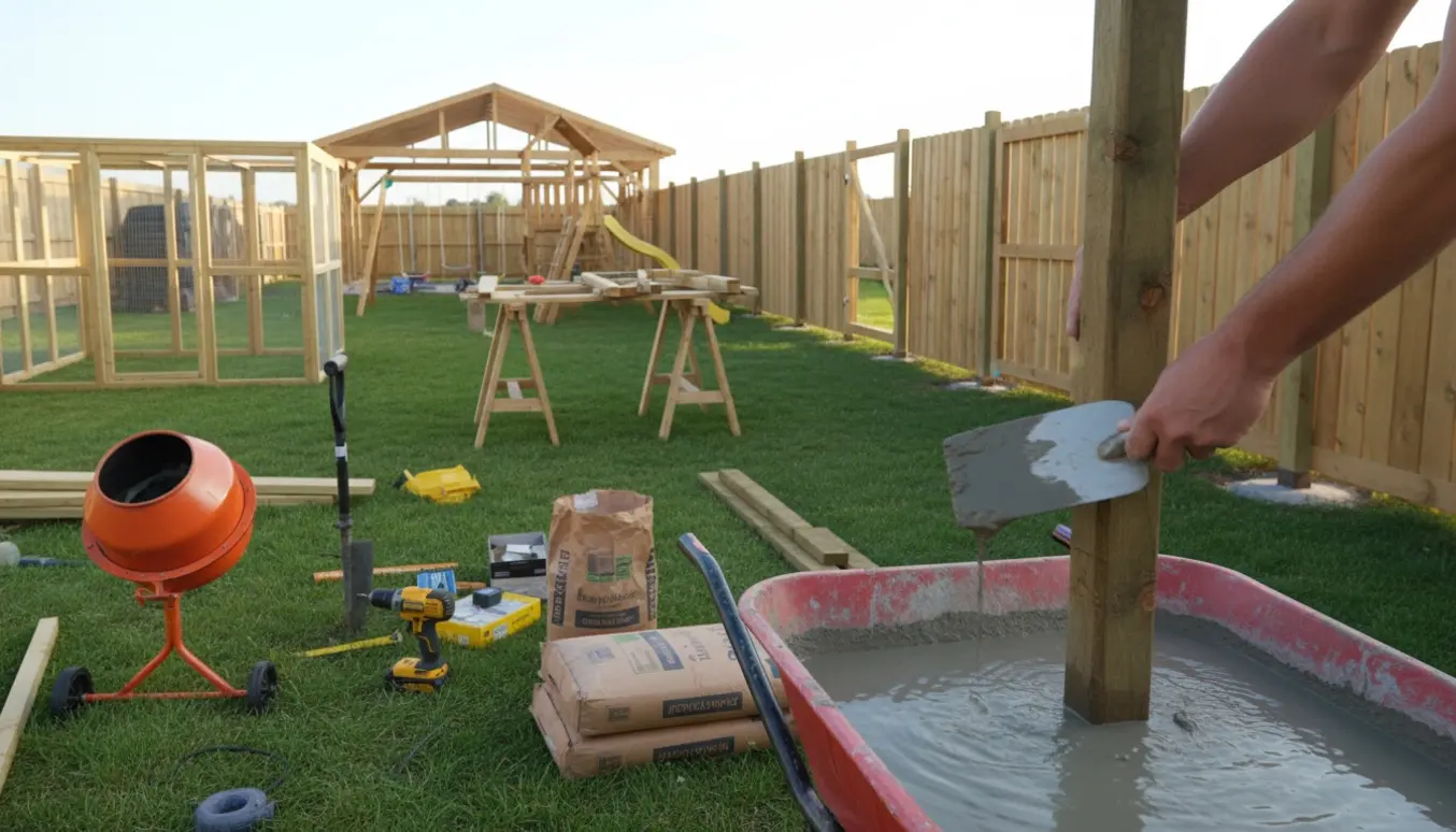 Baghave under opbygning med kaninbur, legetårn, hegn med tre låger og en dobbelt carport.