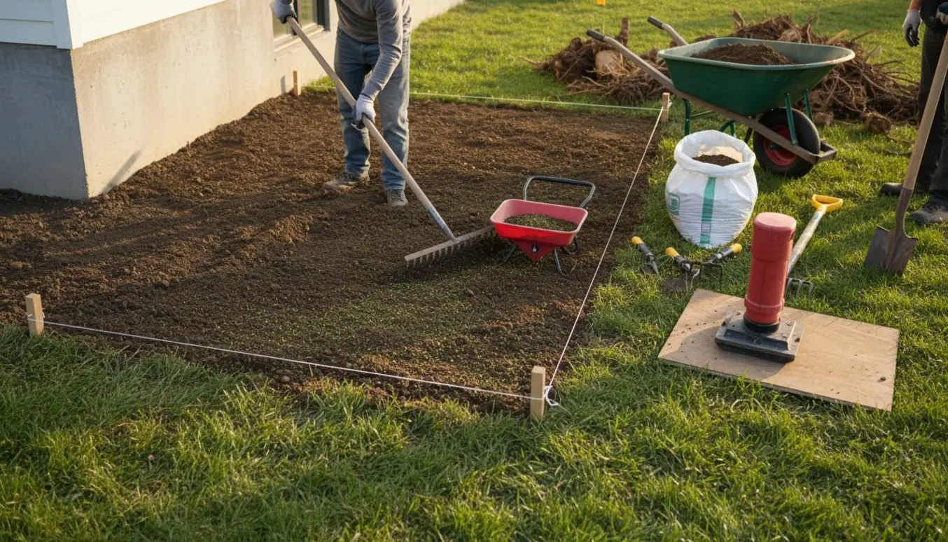 Opretning og såning af græsplæne ved husfundament efter byggeri med værktøj og ny topjord.