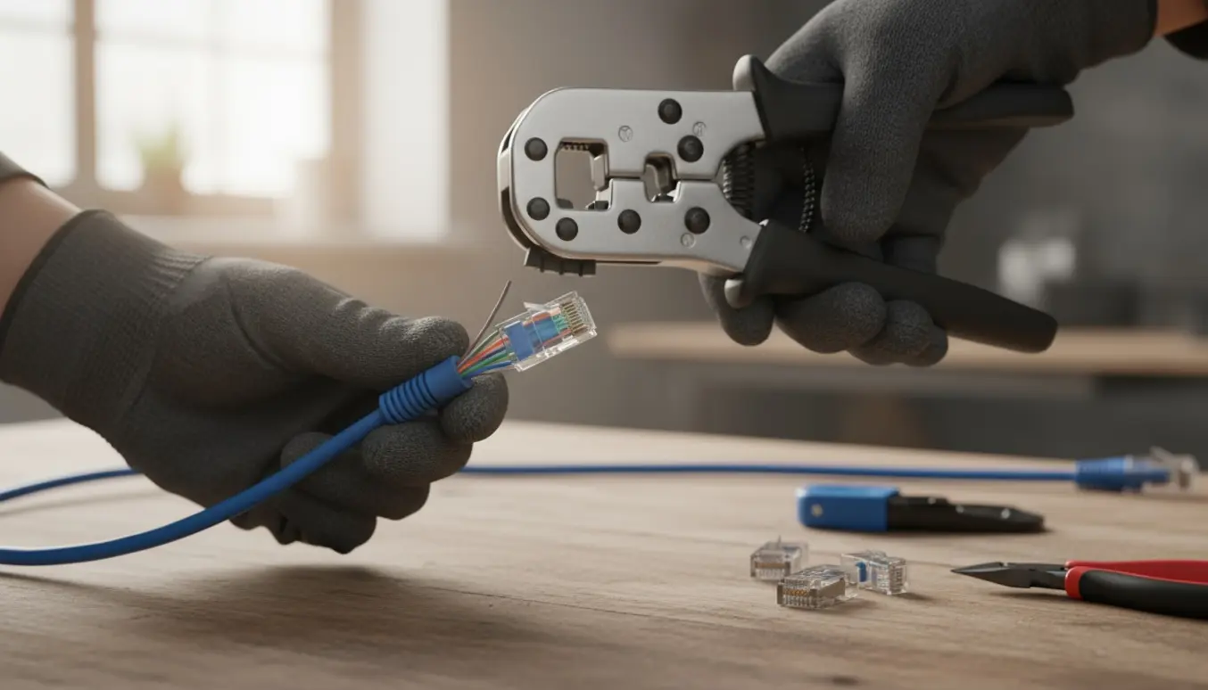 Nærbillede af hænder, der monterer RJ45-stik på en netværkskabel ved et ryddeligt arbejdsbord.