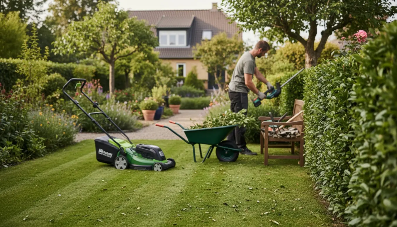 En havemand fra ryggen arbejder i en velplejet Charlottenlund-have med nyslået græs og nyklippet hæk.