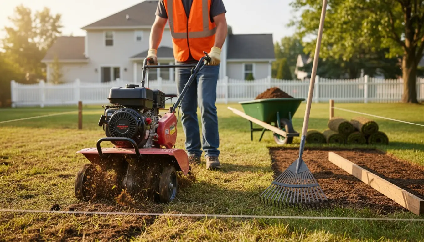 Fræser og haveredskaber i arbejde på en græsplæne, hvor jord bliver fræset og planeret.