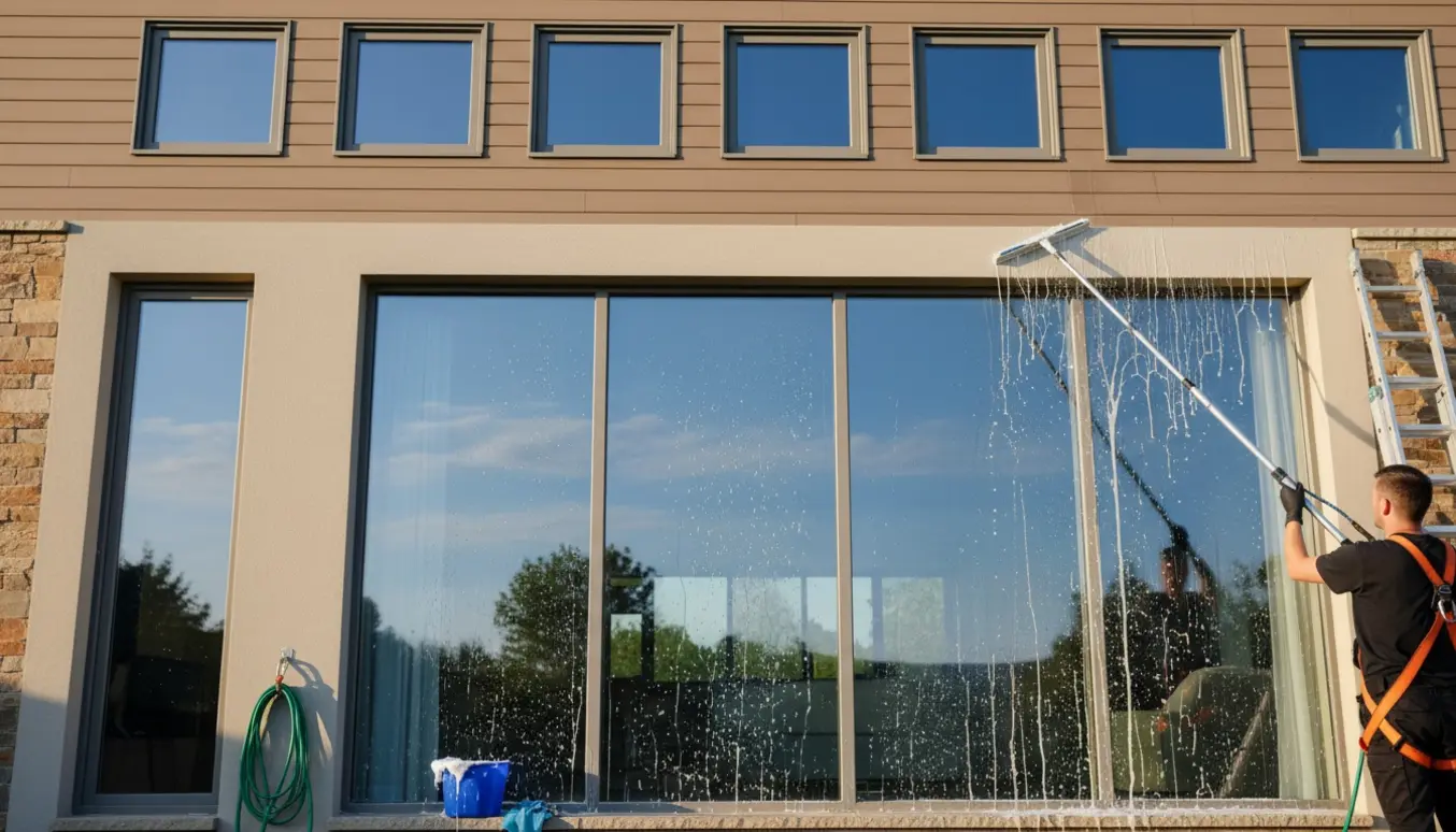 Udvendig vinduespudsning af husfacade med teleskopstang, vandstråler og rene gulv‑til‑loft vinduer.