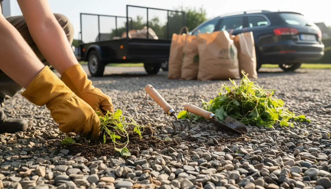 Hænder i handsker luger ukrudt mellem grus på en indkørsel med fyldte poser og trailer i baggrunden.
