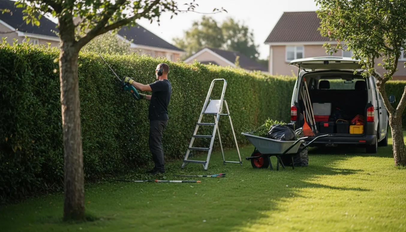 Person trimmer en høj hæk på en skråning og samler afklip i en trillebør.