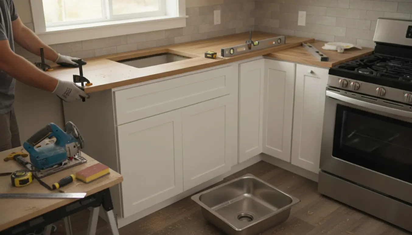 Laminatbordplade monteres i hjørnekøkken med udskæring til vask og fritstående komfur i baggrunden.