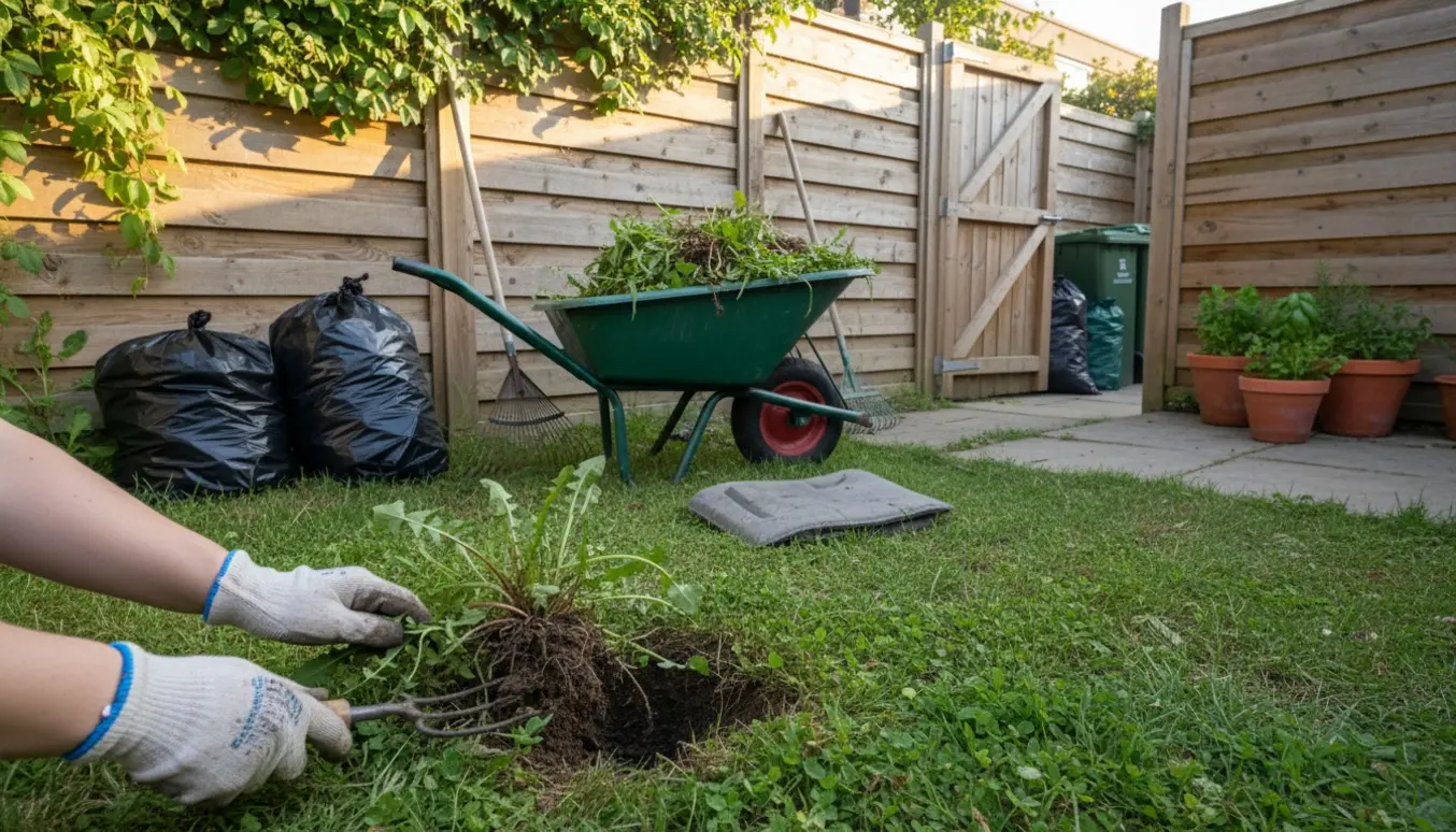 Nærbillede af handsker og haveredskaber, der fjerner ukrudt fra en lille baghave med trillebør og affaldsposer i baggrunden.