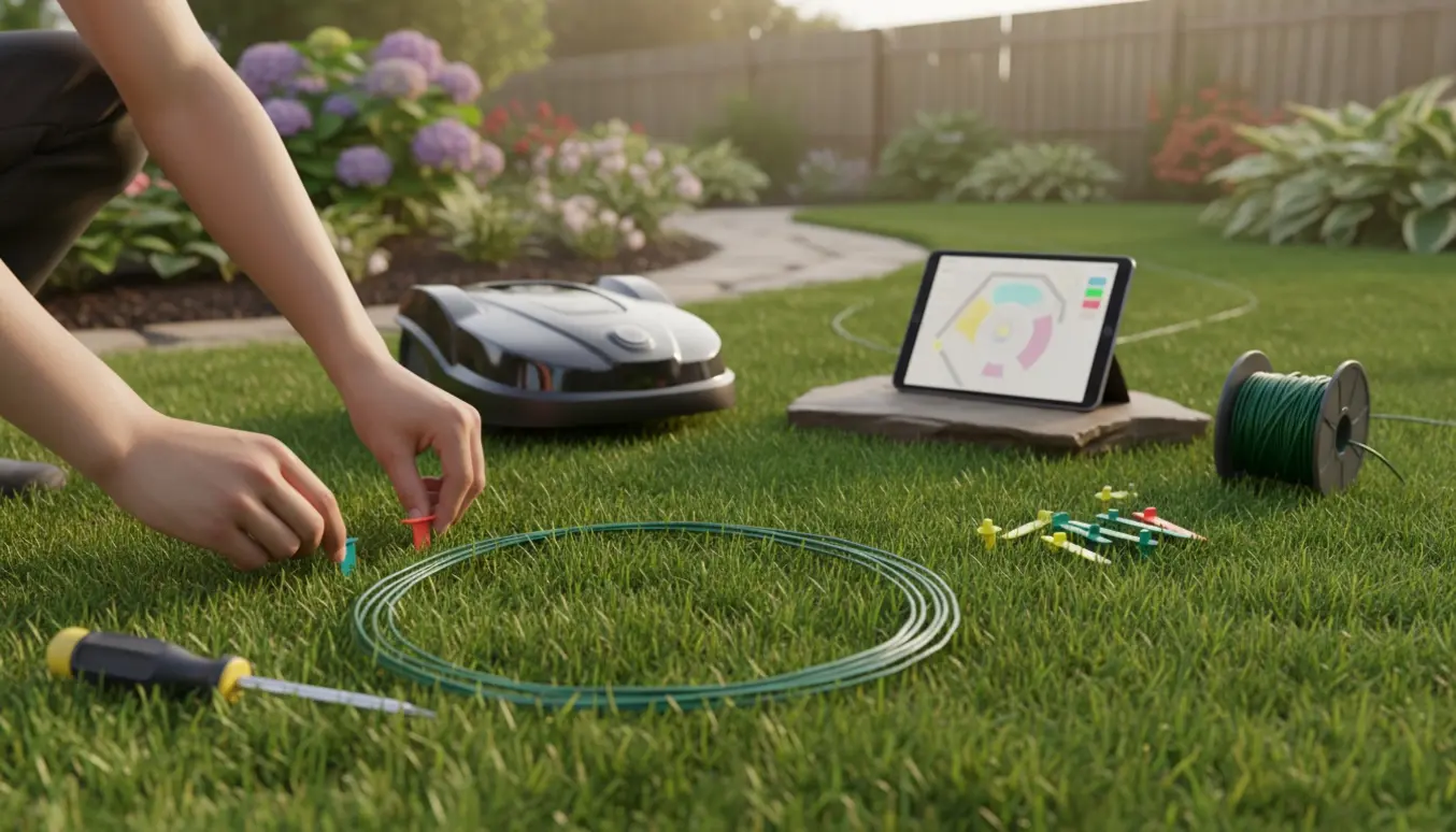 Opsætning af robotplæneklipper i haven med oplader, afgrænsningskabel og tablet der viser kortoversigt.