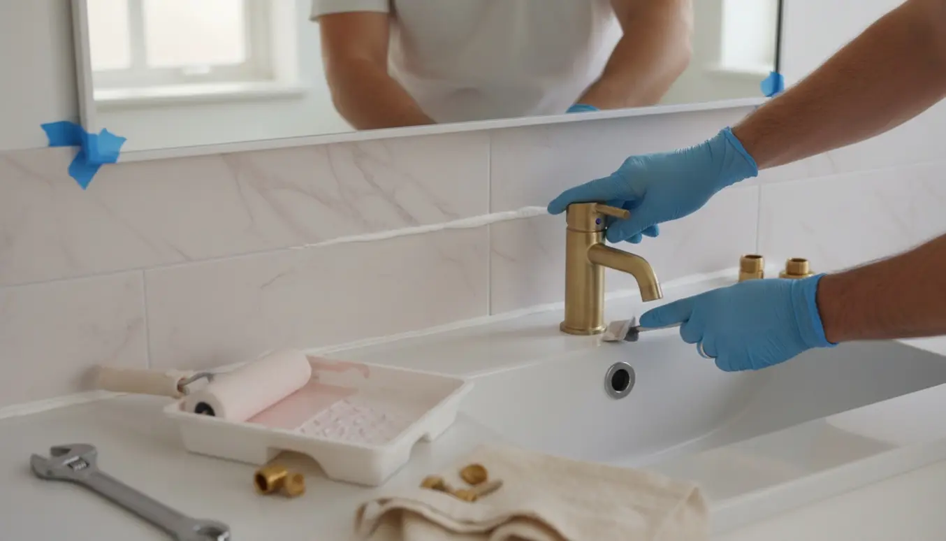 Lille badeværelse hvor hænder installerer et messingarmatur, fuge tæt ved vasken og maler marmorerede fliser lyserødt.