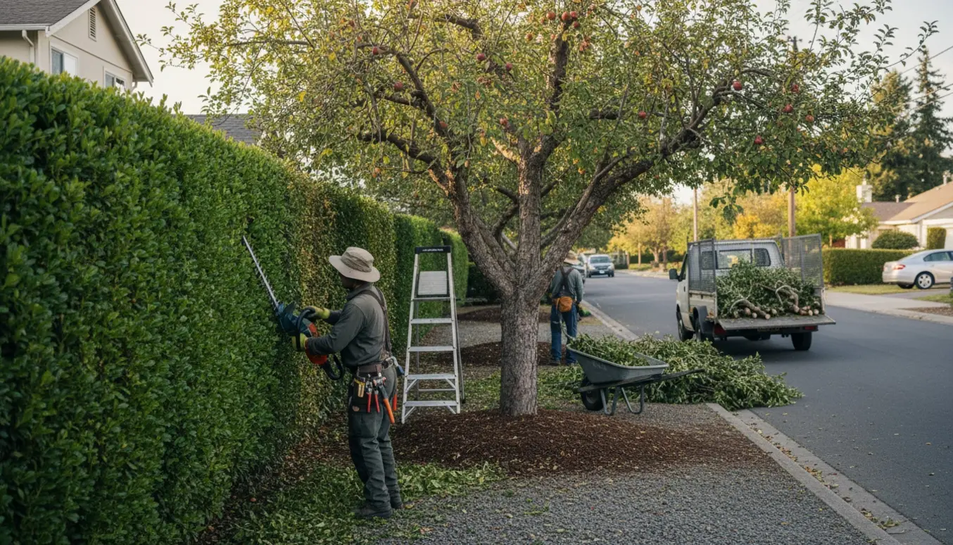 Beskåret hæk og frugttræer langs vej og indkørsel med værktøj og afklip klar til afhentning.