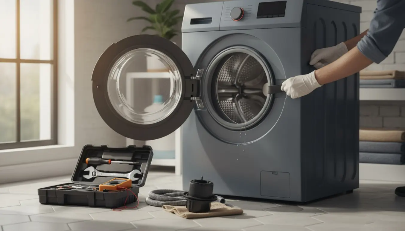 En tekniker undersøger en frontbetjent vaskemaskine med åben dør, værktøj og en rød advarselslampe uden synlig tekst.