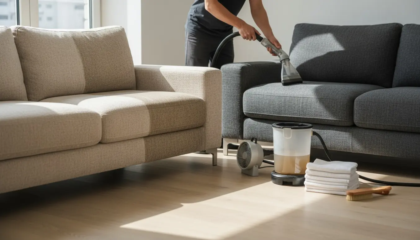 To sofaer i en lys stue under professionel rensning med damprenser og klude.