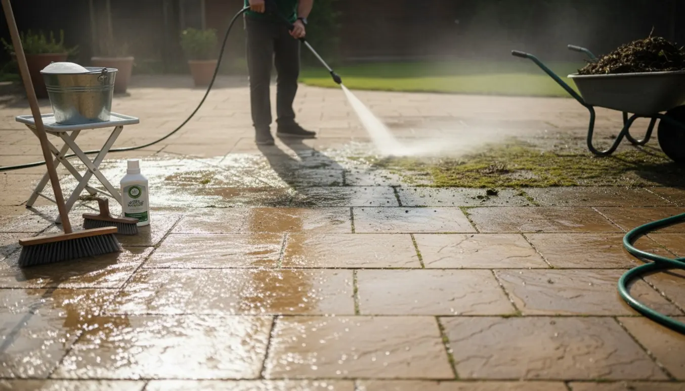 Havefliser rengøres med højtryksrenser og kost, med tydelig kontrast mellem rene og snavsede fliser.