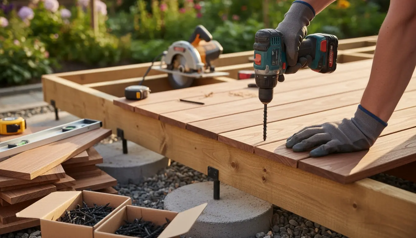 Tæt på et ufærdigt trædæk, hvor en hånd bruger en boremaskine til at fastgøre en terrassebrædde.