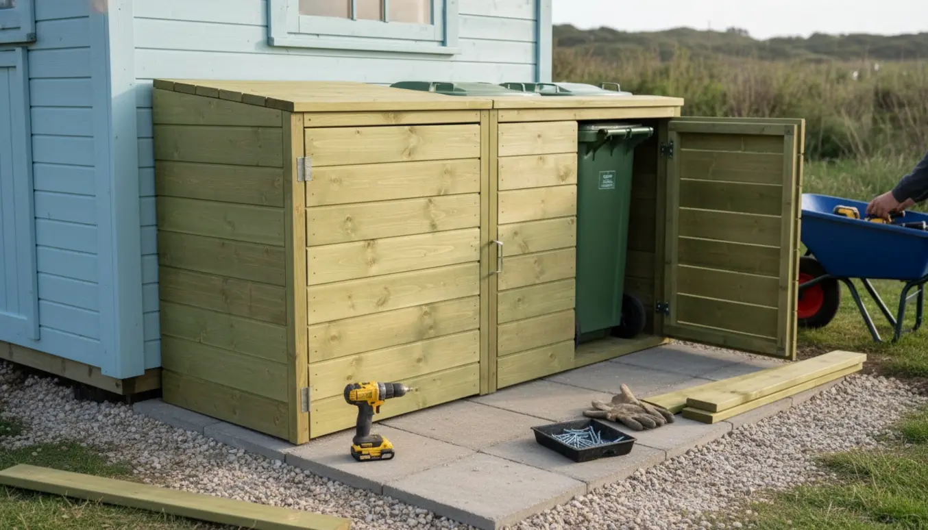 Skraldspandsskjuler i trykimprægneret træ til to skraldespande foran et sommerhus med fast køreunderlag af genbrugsfliser.