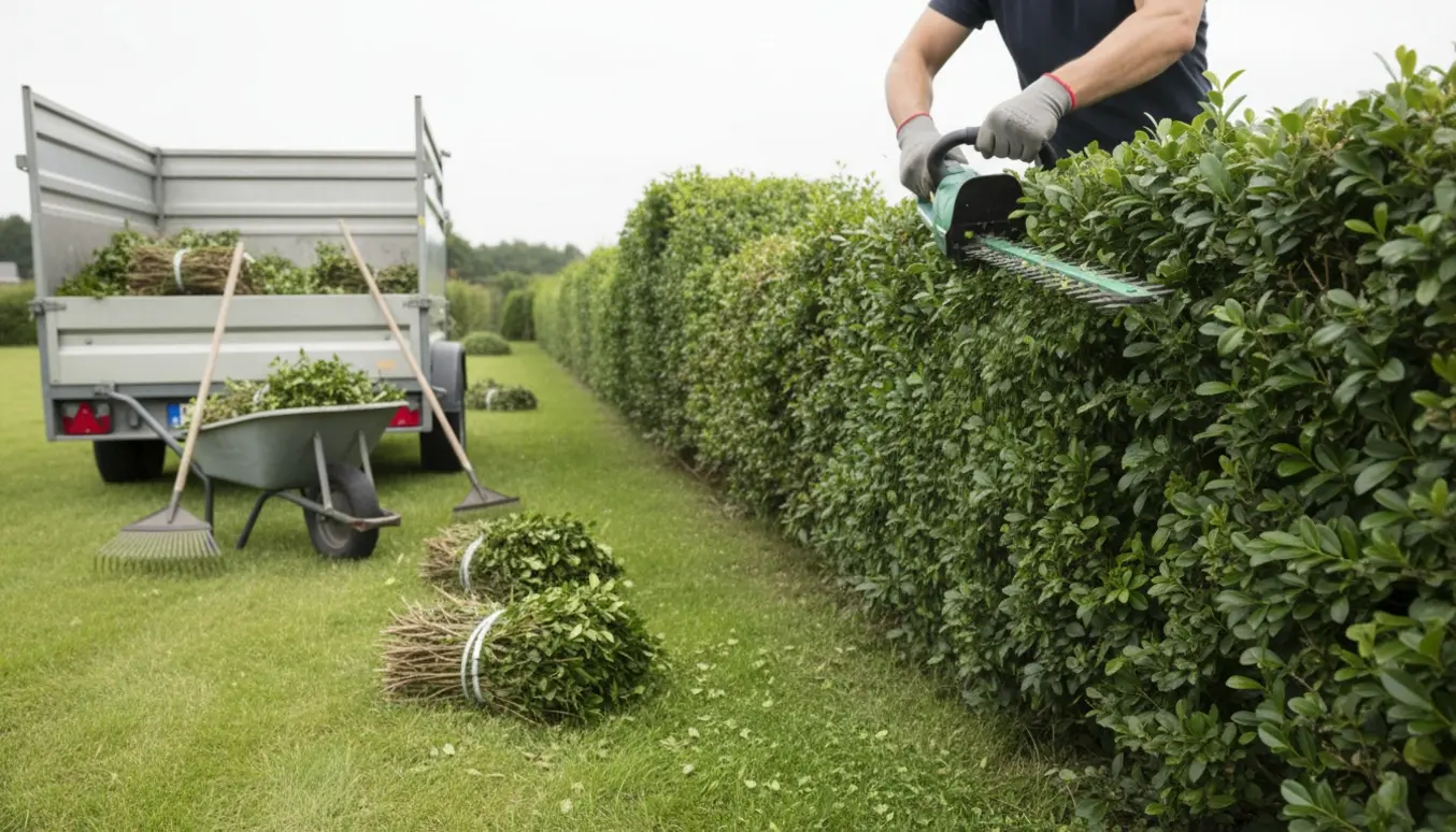 Lang ligusterhæk klippes fra jorden med hækkeklipper, og en stor trailer fyldt med afklip står klar.