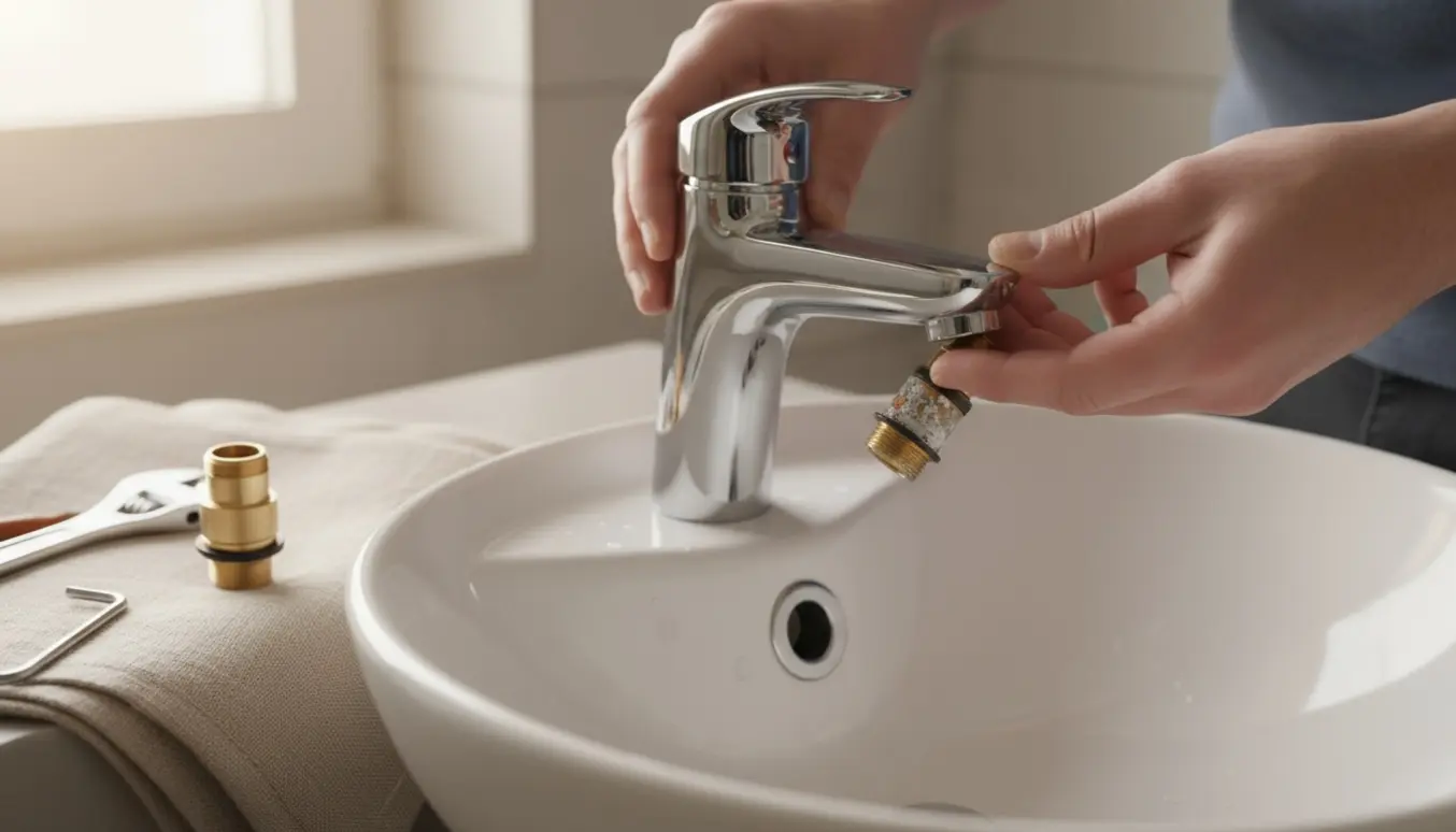 Hænder skifter termostatpatron i et krom blandingsbatteri over en hvid vask med værktøj ved siden af.