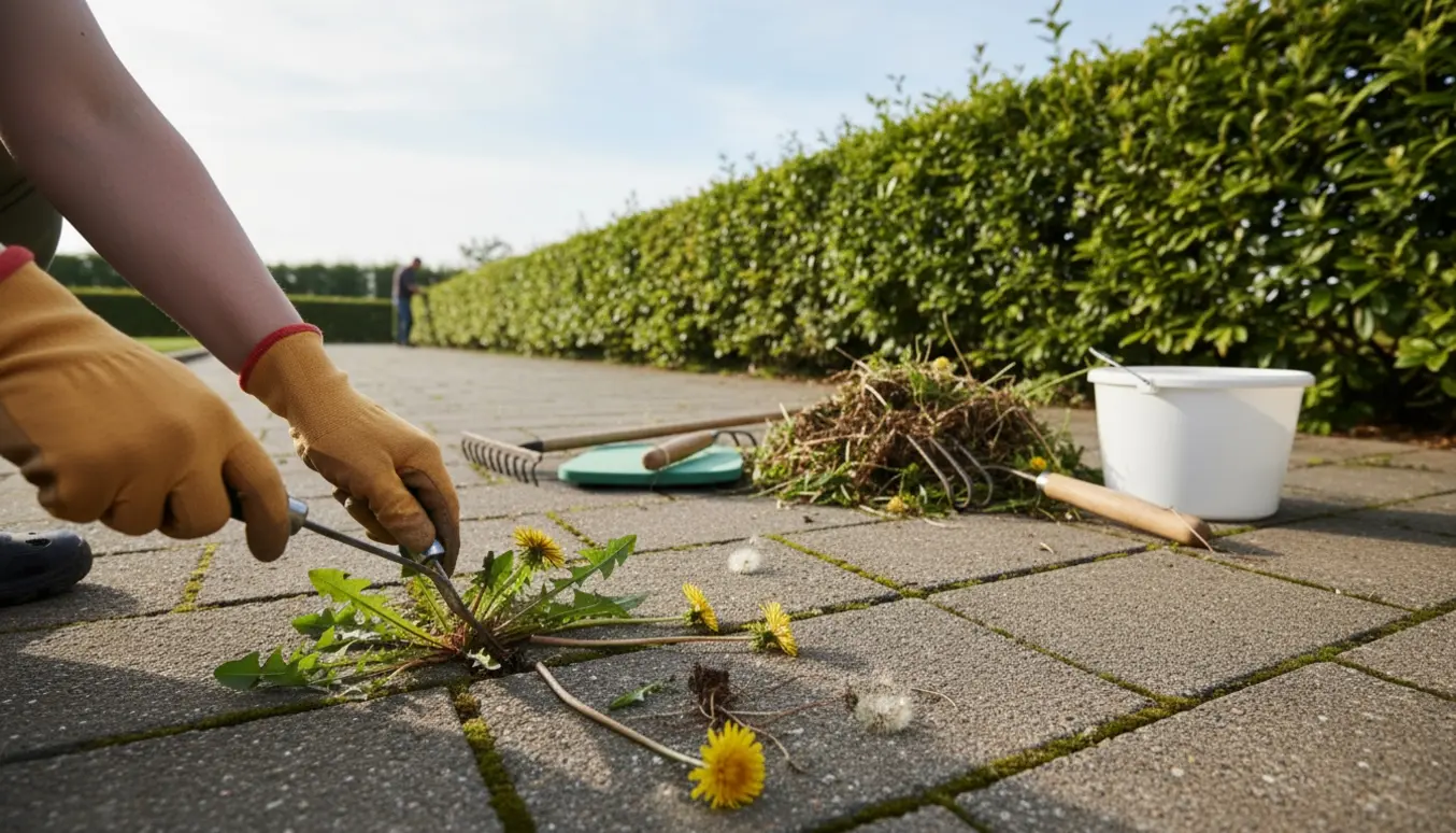 Hænder fjerner mælkebøtter mellem fliser ved en lang hæk med en bunke ukrudt og haveredskaber ved siden af.