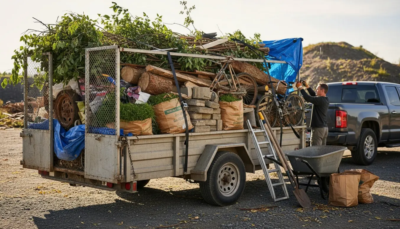 En stor trailer læsset med haveaffald, metal og sten ved en losseplads.