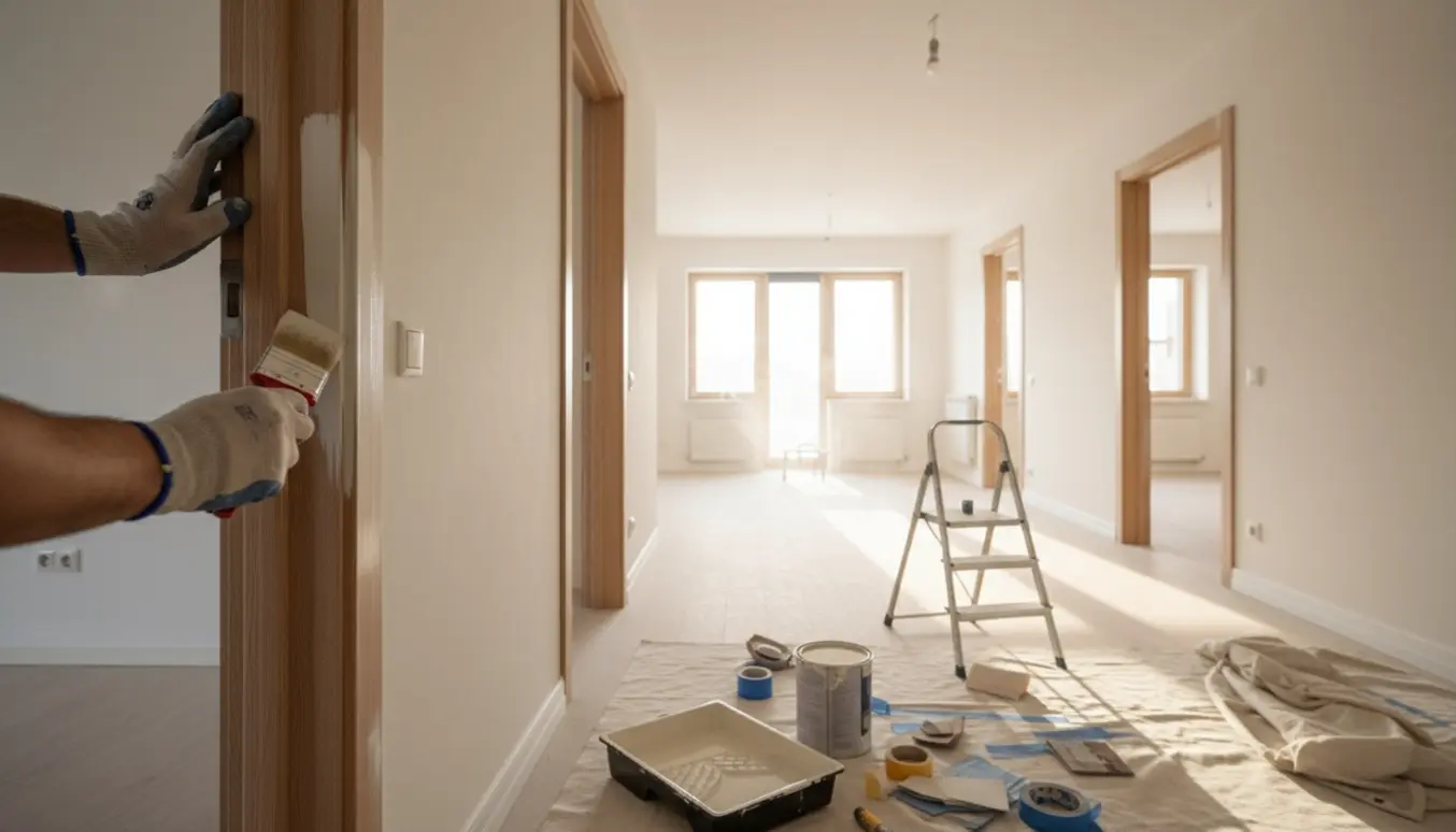 En maler er ved at male dørkarme og vinduesrammer hvide i en solbelyst lejlighed, med værktøj og afdækningsdug i nærheden.