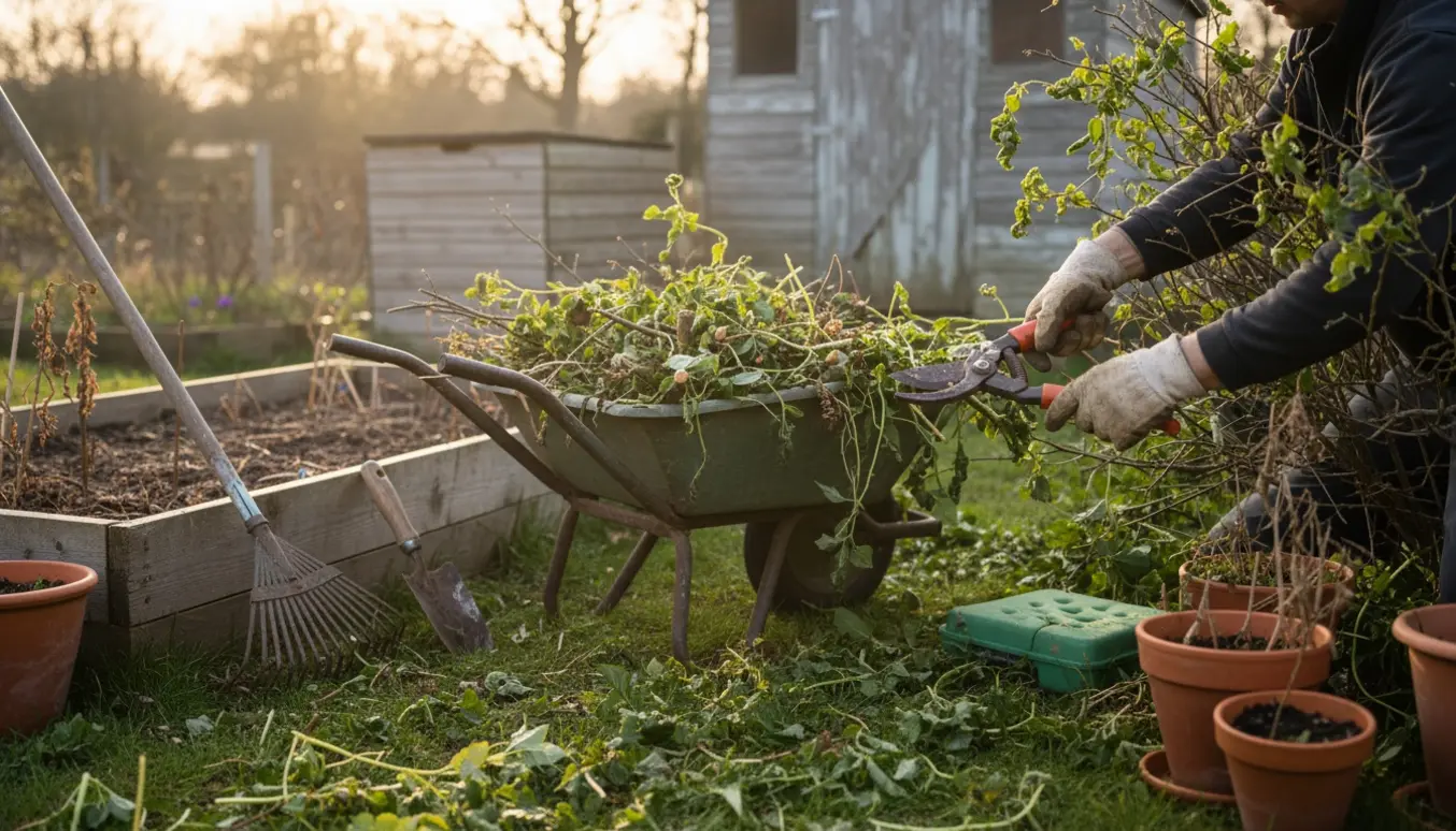 Hænder i handsker klipper en overgroet have med hækkesaks og trillebør fyldt med haveaffald.