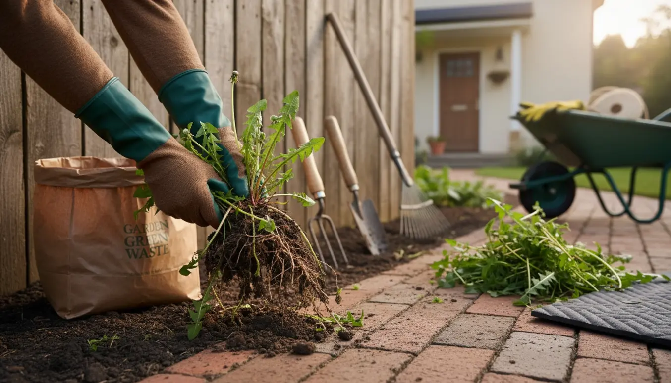 Handsker trækker ukrudt med rødder op foran et hus ved et træplankeværk, med værktøj og en haveaffaldspose ved siden af.