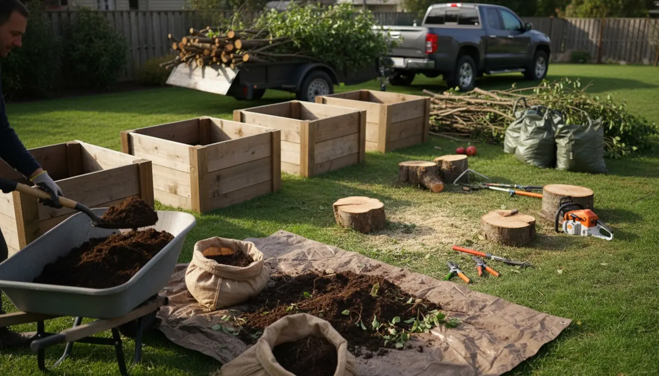 Fire plantekasser tømmes for jord, og afskårne stammer og grene fra to blomme- og ét æbletræ er samlet klar til bortkørsel.
