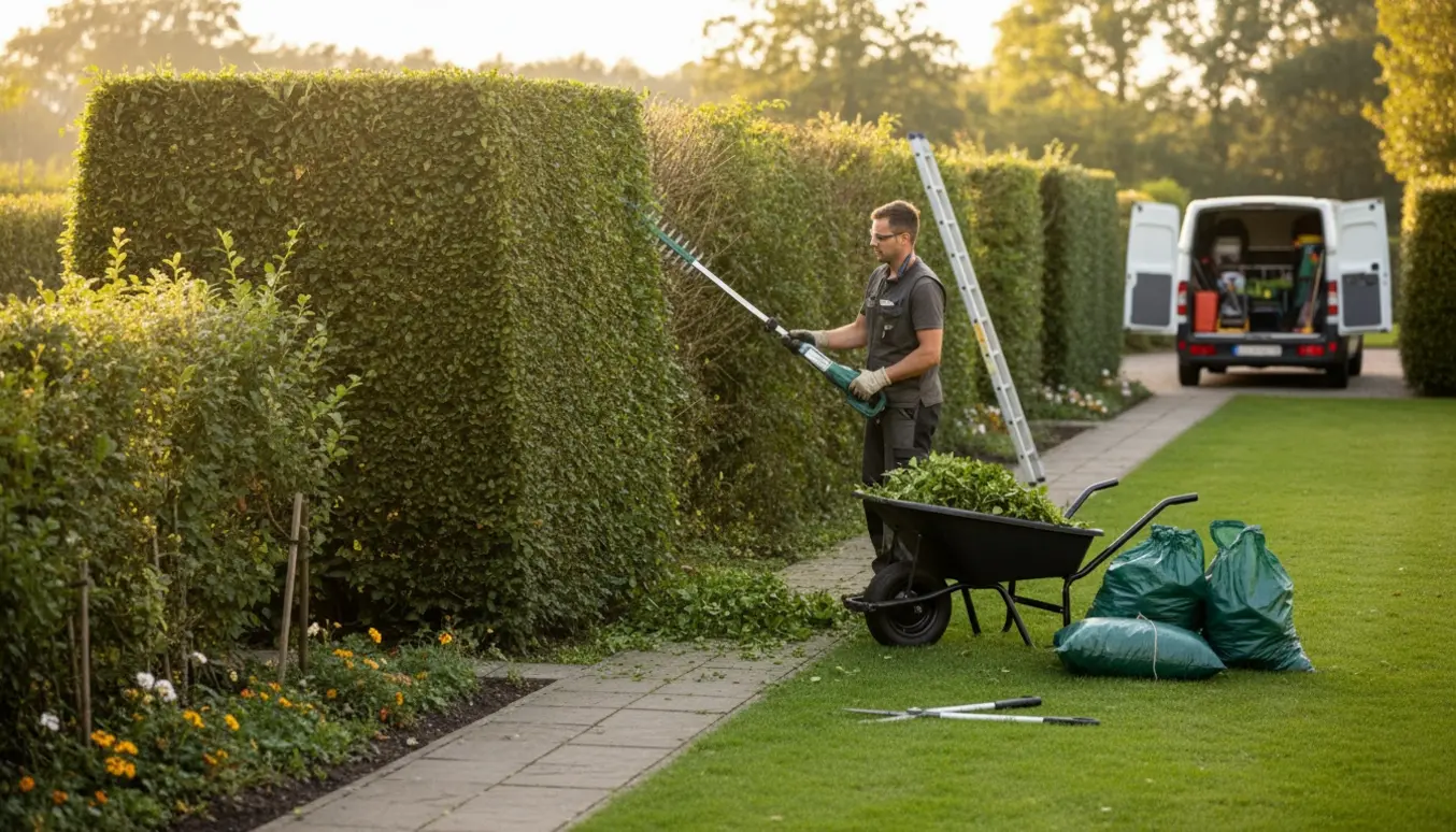 Professionel hækklipning af en 2 m høj hæk med hækklipper, opsamling af afklip og udstyr i blødt efterårslys.