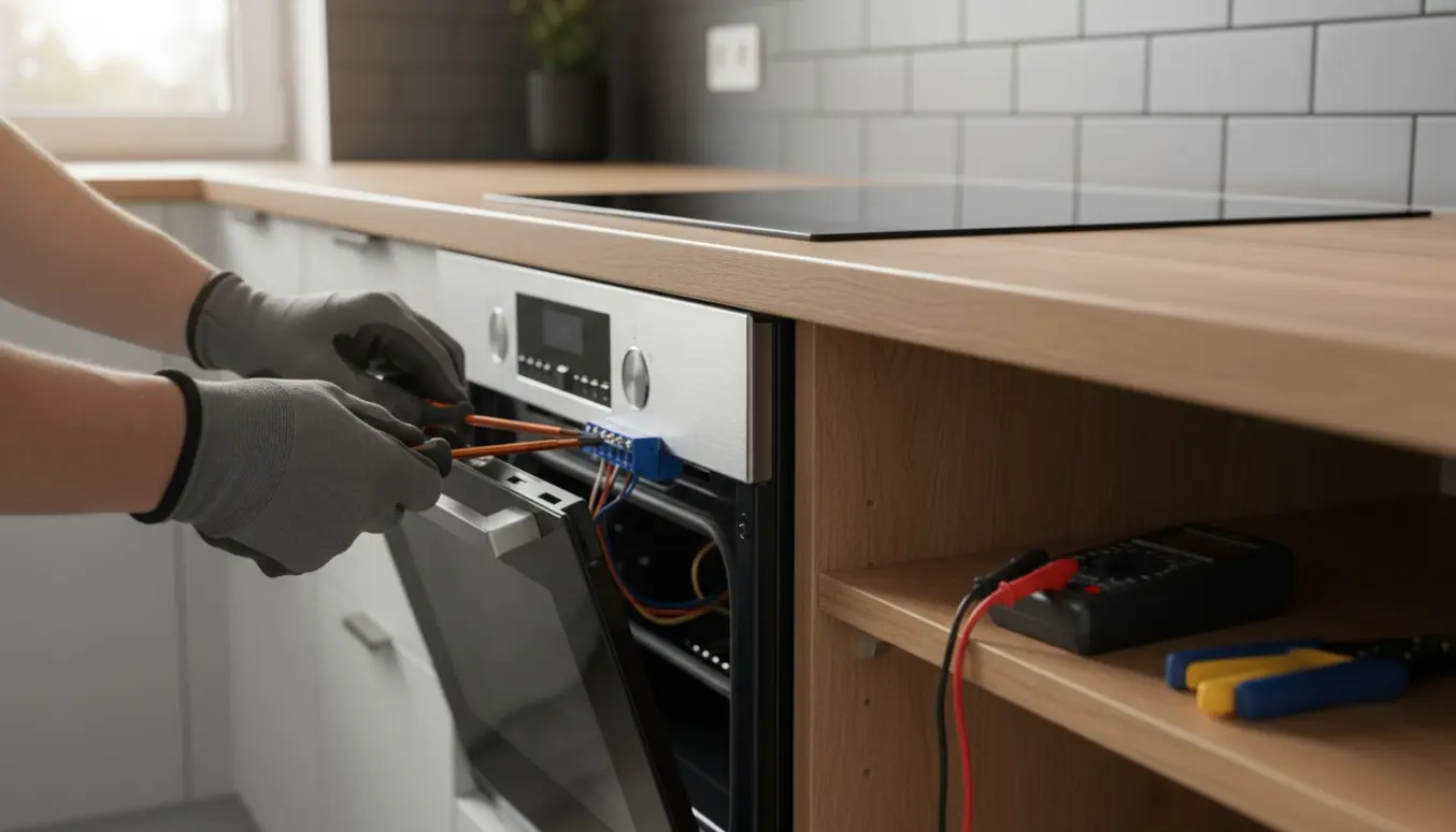 Hænder med isolerede handsker tilslutter ledninger til en ny indbygget ovn og induktionsplade i et moderne køkken.
