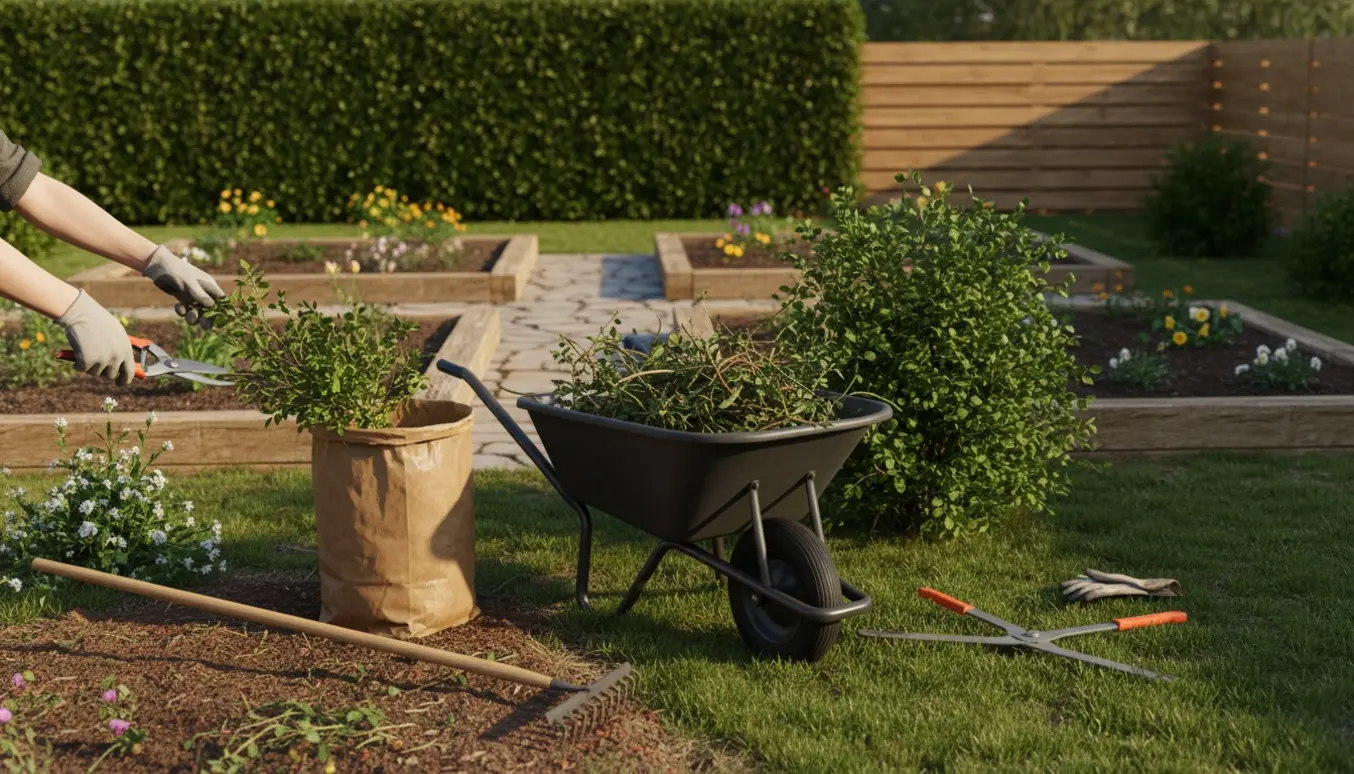 En lille cirka 5x5 m have under oprydning med rive, beskæresaks og trillebør.