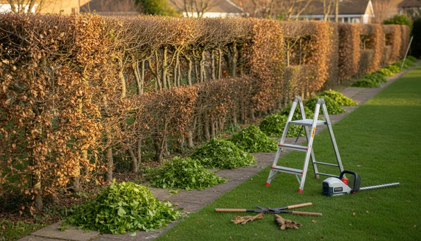 Nyklippet bøgehæk langs havekanten med afklip og beskæringsværktøj ved stien.
