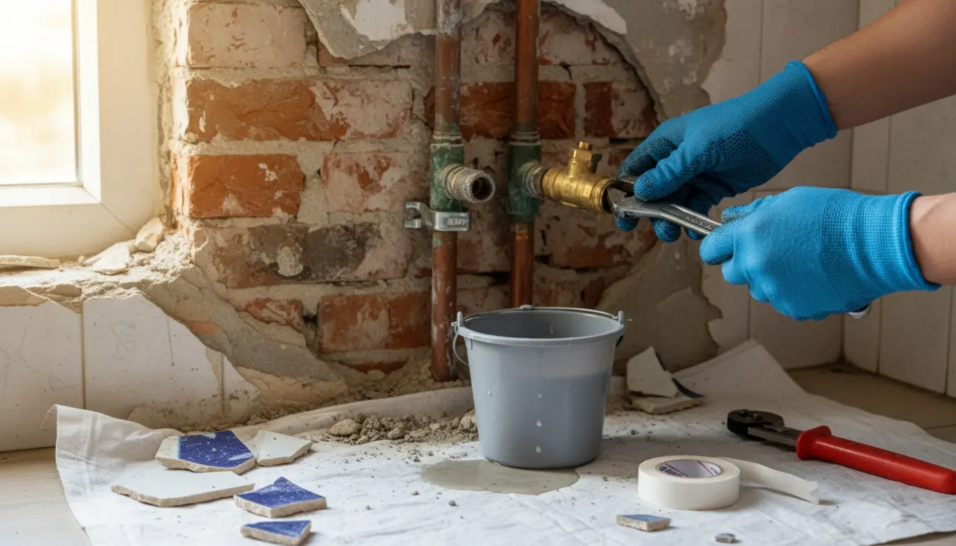 Nærbillede af VVS-arbejde med udskiftning af ballofix i en væg med fjernede fliser.