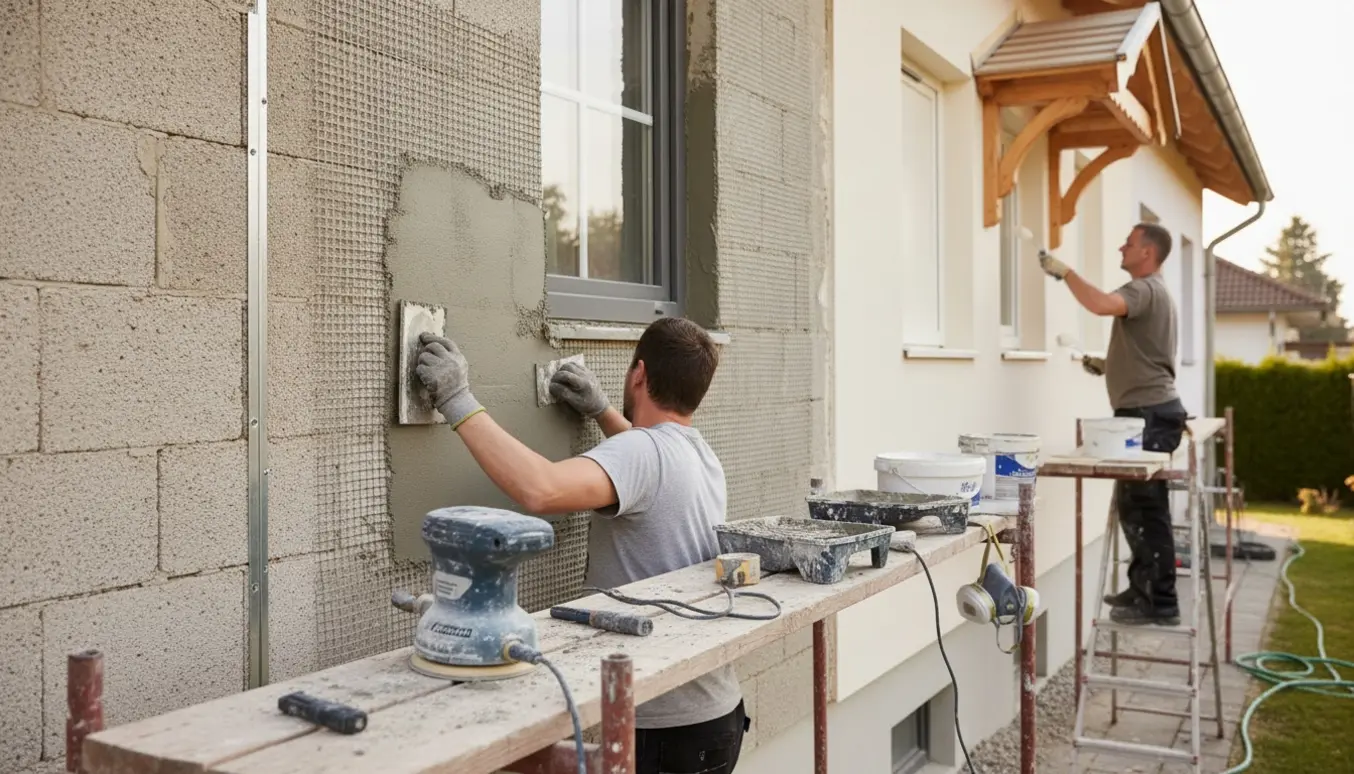 Renovering af gasbetonfacade med net, puds og nymalet træværk under blødt dagslys.