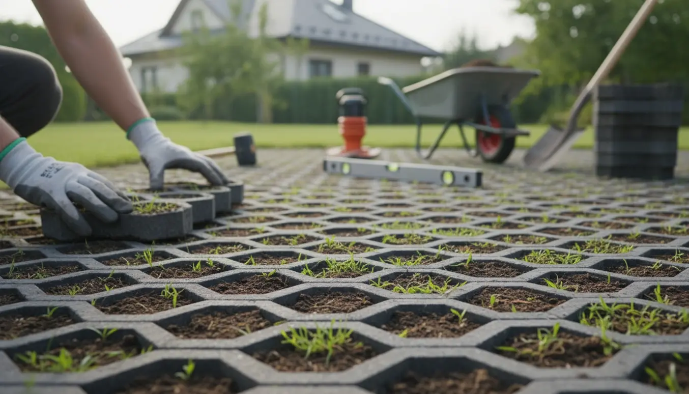 Nærbillede af græsarmeringssten, der lægges på forberedt underlag med værktøj i baggrunden.