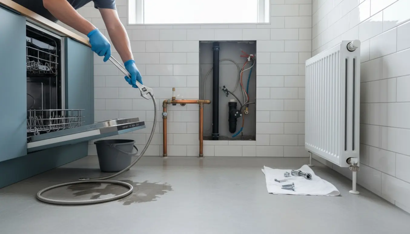 VVS-scene med åben opvaskemaskine, afmonteret radiator og fjernet væghængt toilet i et lyst badeværelse.