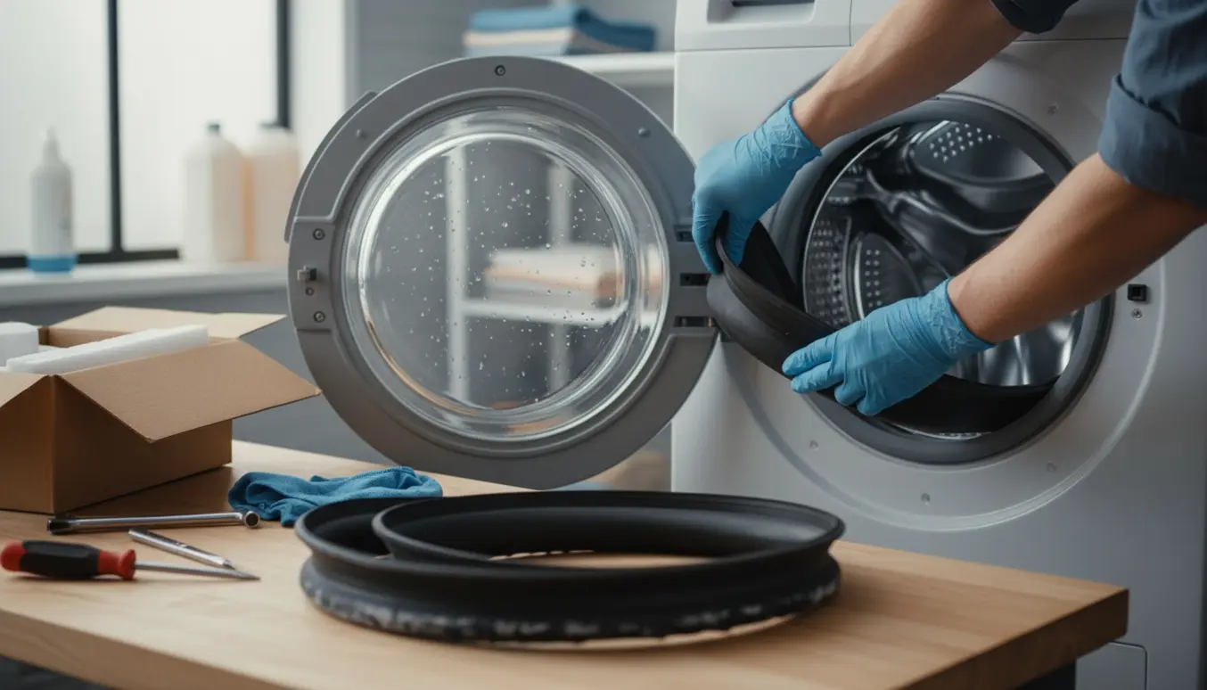 Hænder udskifter gummitætningen på en frontbetjent vaskemaskine i et lyst, ryddeligt vaskerum.