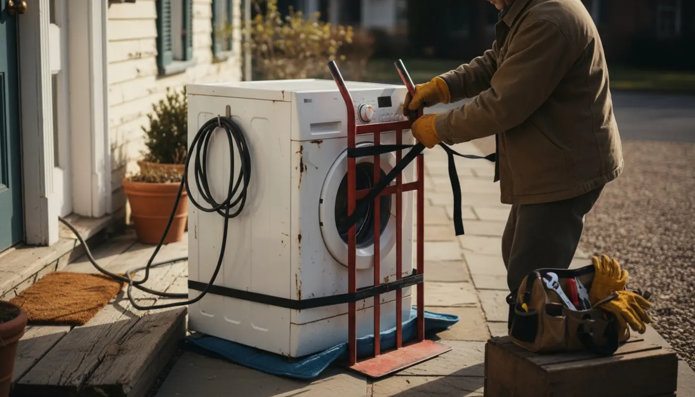 En gammel vaskemaskine gøres klar til bortskafning ved husets indgang med håndtruck og værktøj.