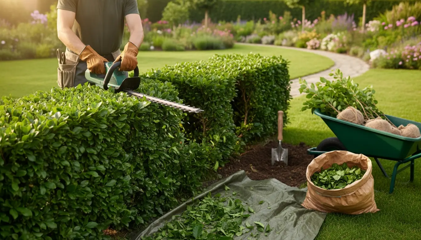 Professionel hækkeklipning af bøgehæk med afklip samlet og en ny hækplante klar til omplantning.